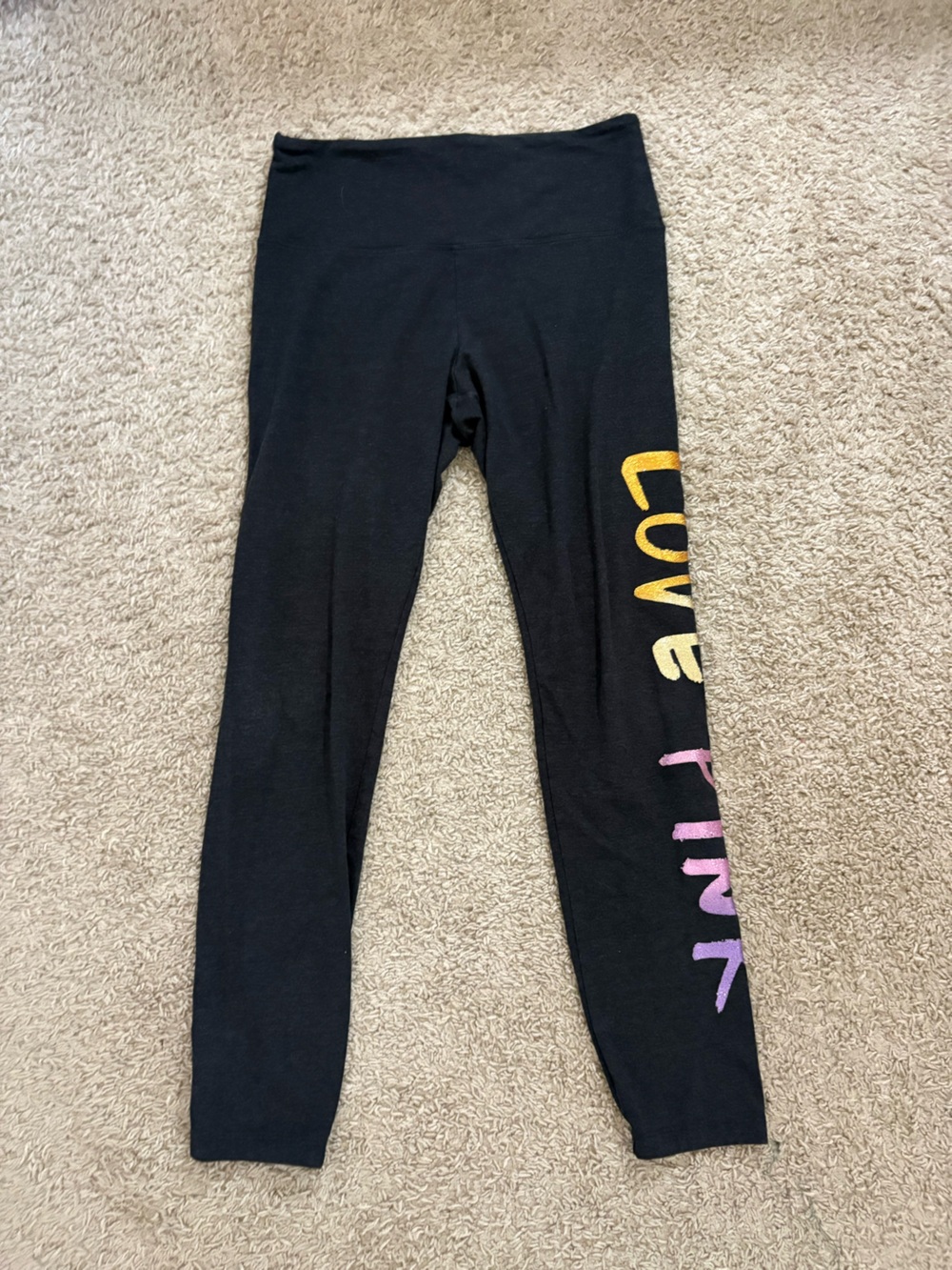 PINK Victoria's Secret Black Leggings with Yellow & Pink Logo